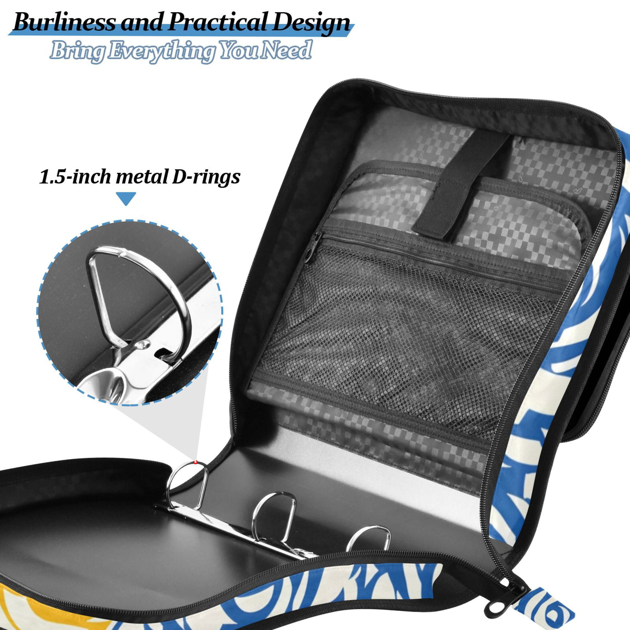 3 Ring Zipper Binder with Shoulder Strap Waterproof Trapper Keeper 2 Inch D-Ring 500 Sheets Capacity Blue Yellow Rose