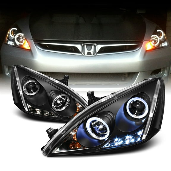 AKKON - For Honda Accord Black Bezel Dual Ring DRL LED Projector Headlights Front Lamps Replacement Pair