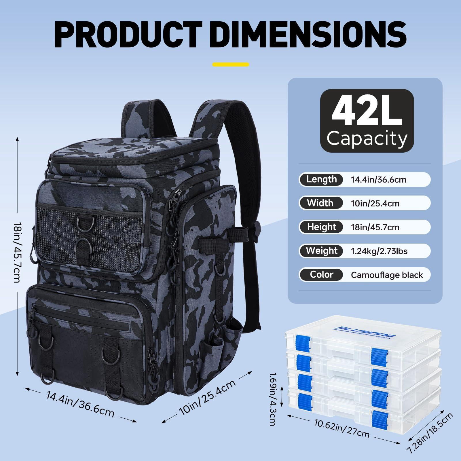 Fishing Backpack With Rod Holders  42l Large Water-resistant Tackle Bag For Camping Hiking Gifts - Black Camo (4 Boxes)