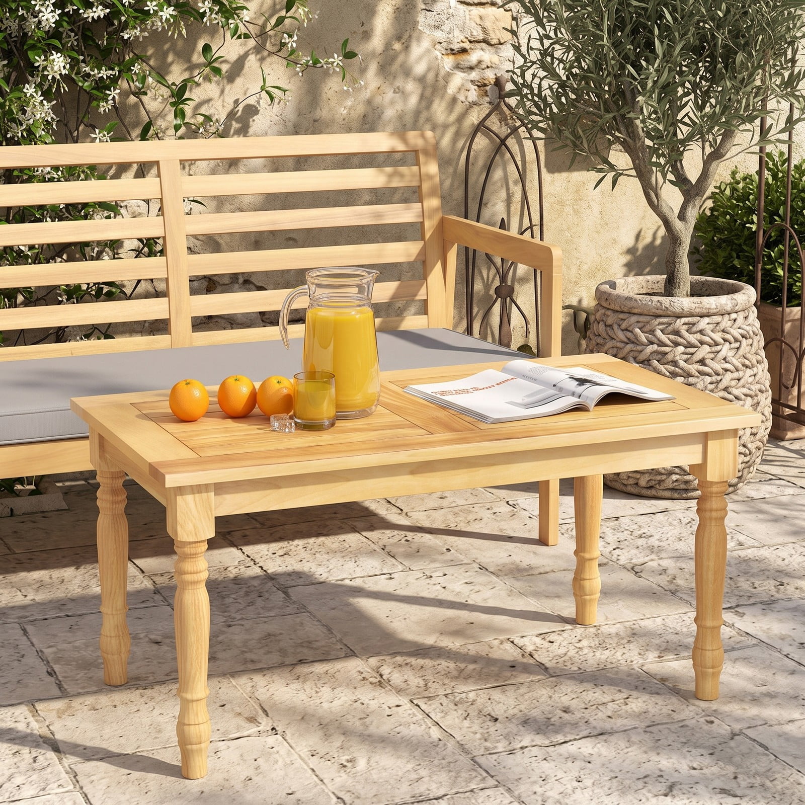 Furnibear 35.5 Inch Rectangle Teak Wood Patio Coffee Table with Slatted Top and Turned Legs for Living Room and Backyard, Natural