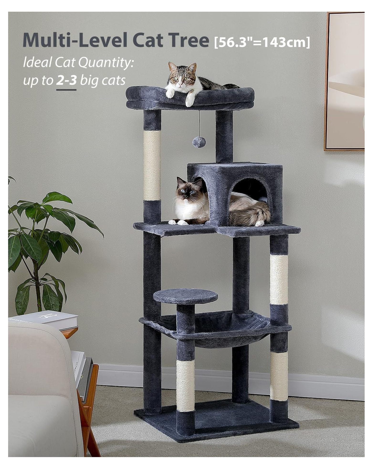 Cat Tree for Large Cats, 56.3" Tall Cat Tower with Hammock