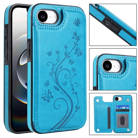 Feishell Back Case for iPhone 16e,Embossed Pattern PU Leather Wallet Phone Case with ID Credit Card Slots Shockproof Magnetic Buckle Back Flip Holder Protective Cover,Blue