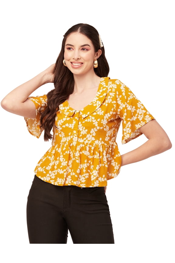 Printed Peplum Top For Women Peter Pan Collar Flutter Sleeves Summer Top