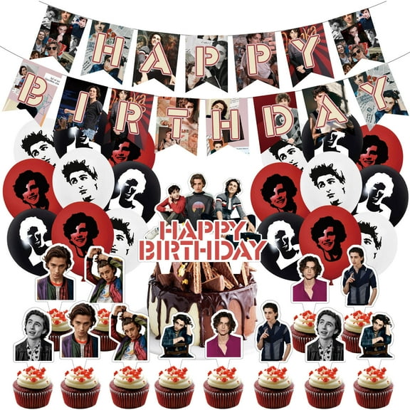 32 Pcs For Timothee Theme For Chalamet Birthday Party Decorations,With 13 Cupcake Toppers,1 Happy Birthday Banner Garland,18 Balloons for Party Decorations