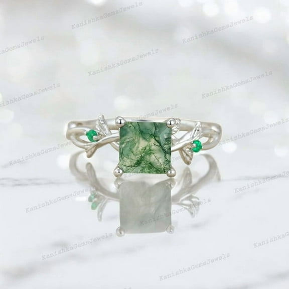 KANISHKAGEMS&JEWELS 2Ct 7mm / Princess Cut Moss Agate Engagement Ring Emerald Twig Leaf Ring Nature Inspired Women Jewelry Anniversary Gift for Her