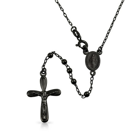 Virgin Mary Catholic Y Necklace Jesus Crucifix  Black Rosary For Men For Women IP Plated 925 Sterling