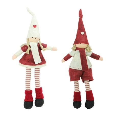 Set of 2 Plush Red and Beige Boy and Girl Sitting Christmas Doll Decorations