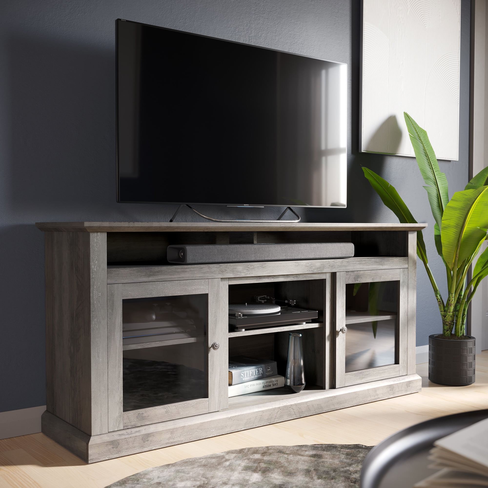 BELLEZE TV Stand Media Entertainment Center Console Cayman (Gray Wash