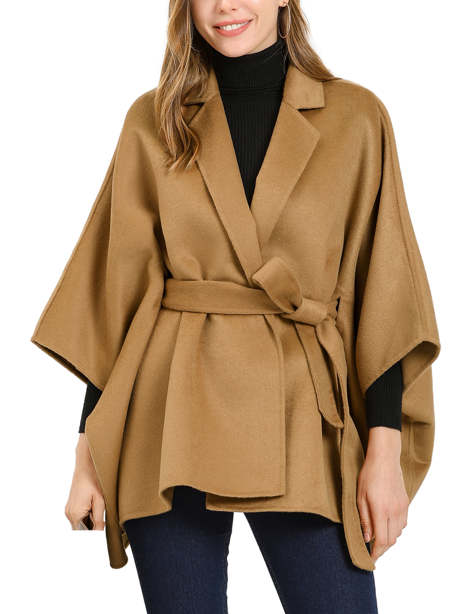 Allegra K Women's Winter Wrap Coat Notch Lapel Belted Loose Belted Cape