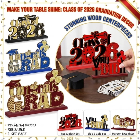 Graduation Cap Decorations, 2026 Graduation Decorations, BlackandGold Party Decorations, 10X5inWooden Ornaments, Tabletop Grad Party, Balloon Decorations, Gold Star Ornaments,