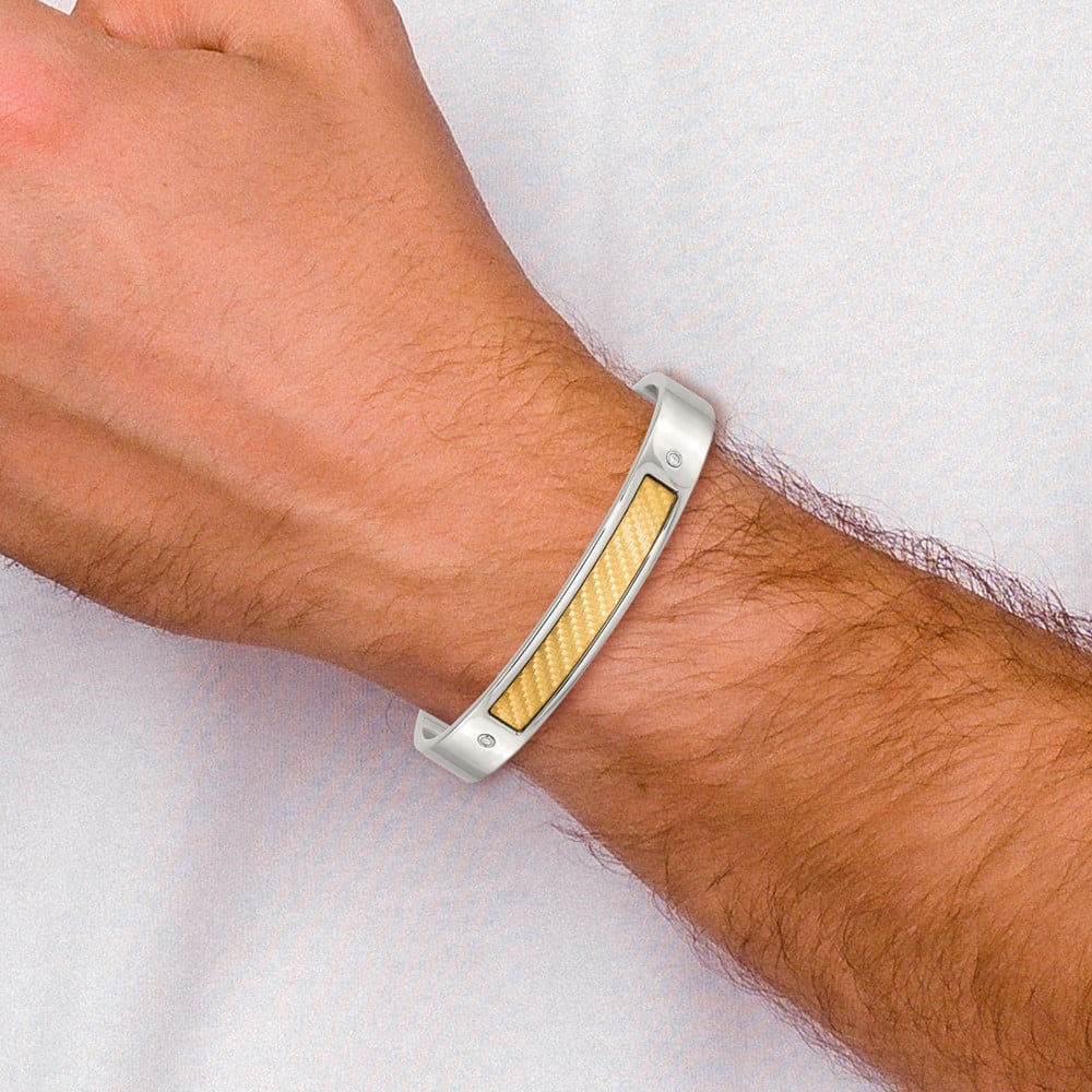 Stainless Steel Bracelet Cuff Men's Diamond 20 mm 7 in Chisel with 18k Gold Accent Polished and Textured 1/20 carat Bangle
