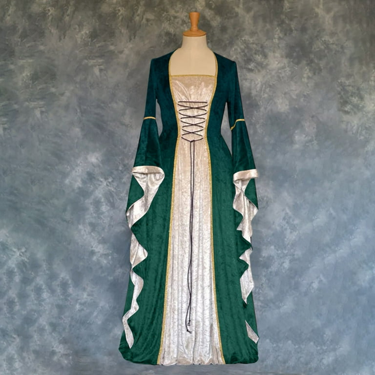 qolati Renaissance Dresses for Women Velvet Ruffle Flare Sleeve Lace Up  Irish Over Long Dress Evening Party Ball Gown Vintage Pleated Halloween  Medieval Dress Green XL - Walmart.com