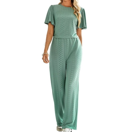 

Wrcnote Women Lounge Sets Wide Leg Summer Outfit Short Sleeve 2 Piece Outfits Joggers Casual Pajamas Crew Neck Nightwear Pea Green L