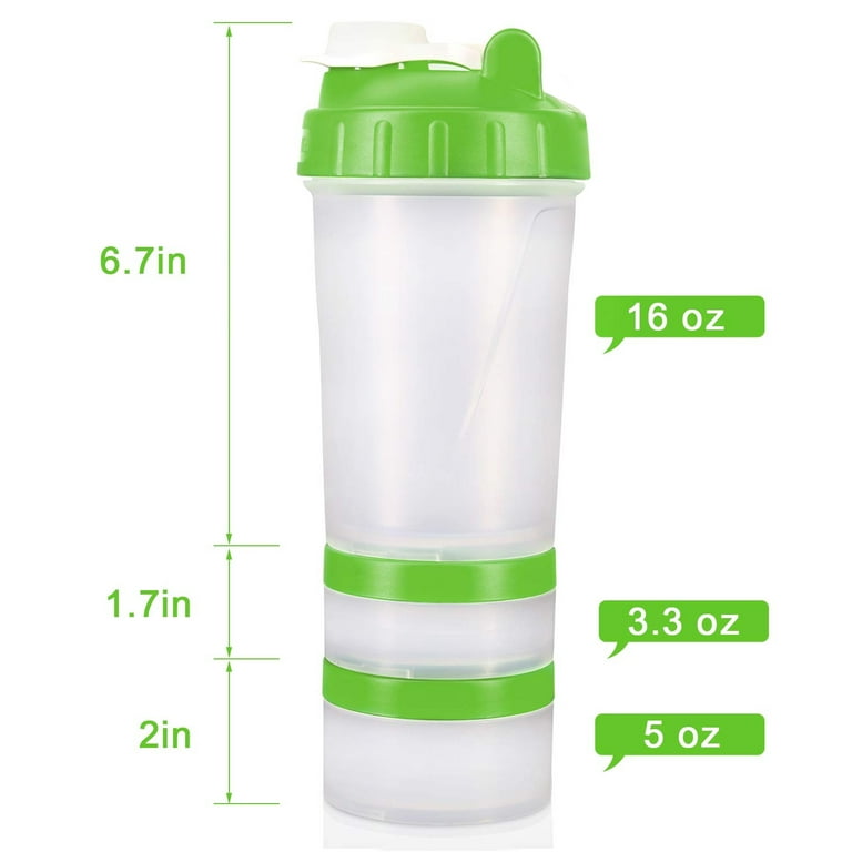 16 OZ Protein Workout Shaker Bottle with Mixer Ball and 2 close-connected  Storage Jars for Pills, Snacks, Coffee, Tea. 100% BPA-Free, Non Toxic and