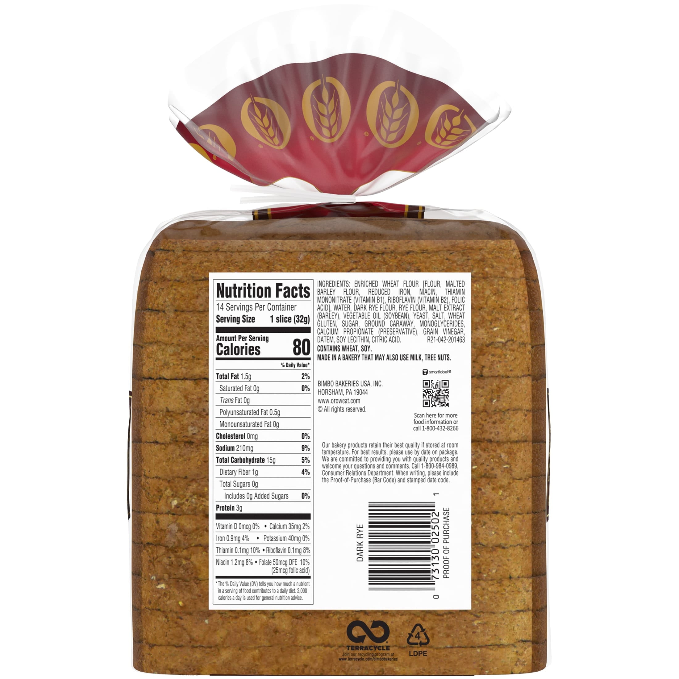 Oroweat Schwarzwalder Rye Bread, 16 oz, Dark Rye Bread, Bag
