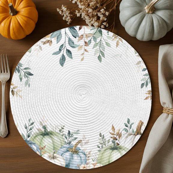 Fall Blue Pumpkin Round Braided Placemats Set of 2, Green Eucalyptus Leaves Flowers Heat Insulation Place Mats Washable Non-Slip Table Mats for Kitchen Dining Party, 13 Inches