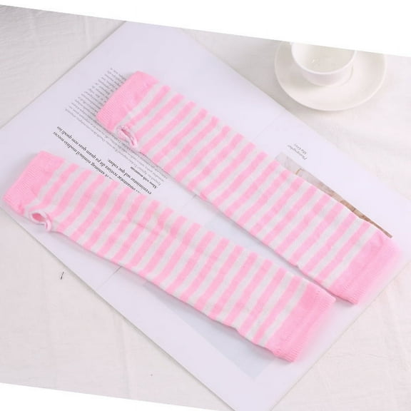 Namzi-b Women Striped Long Fingerless Gloves, Winter Knitted Arm Warmers For Punk Rock/Cosplay/Goth/Christmas Party -Pink White