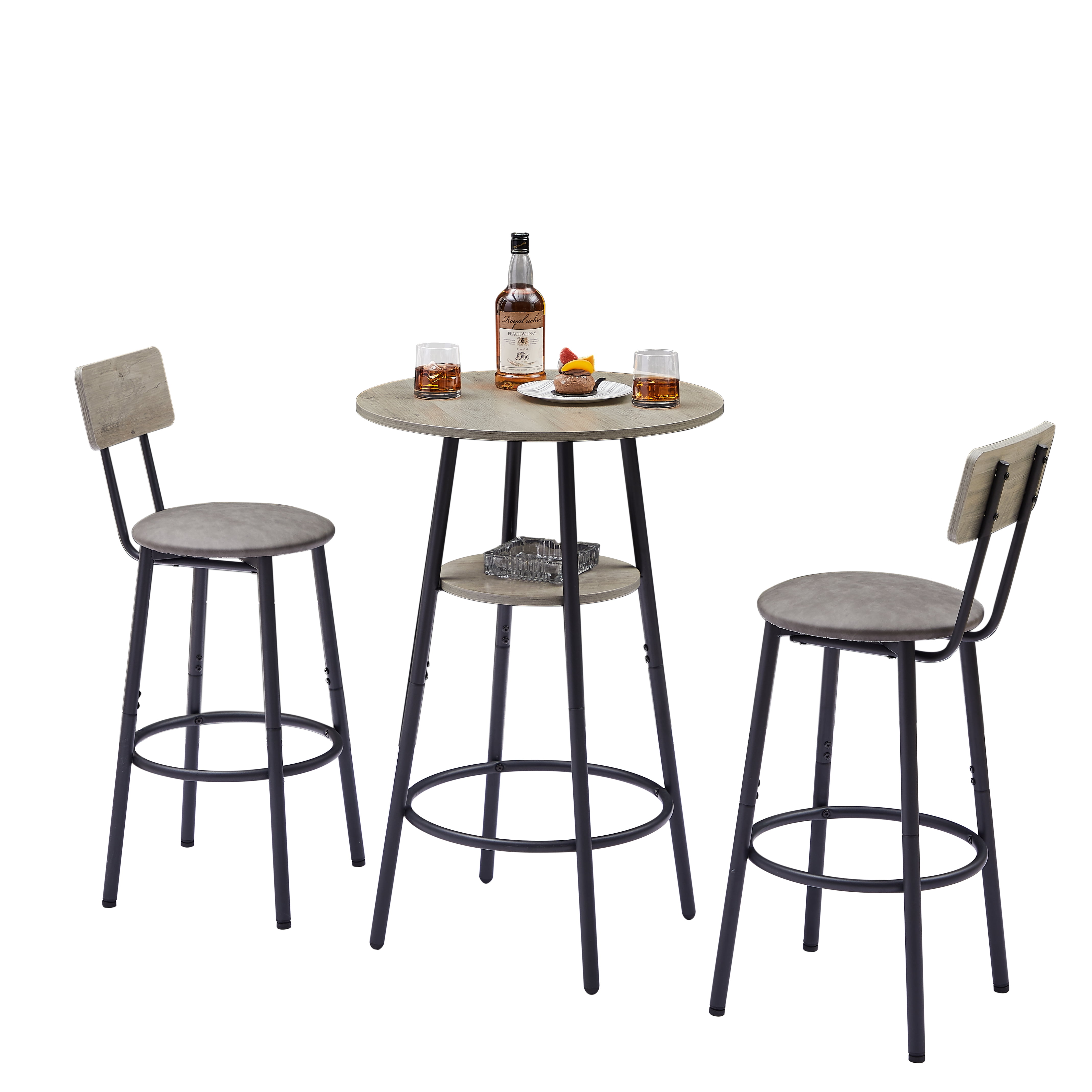 3-Piece Bar Table Set with 2 Stools, Minimalist Industrial Design, 23.62" Square Table with Shelf, PU Leather Padded Stools, Space-Saving for Small Spaces