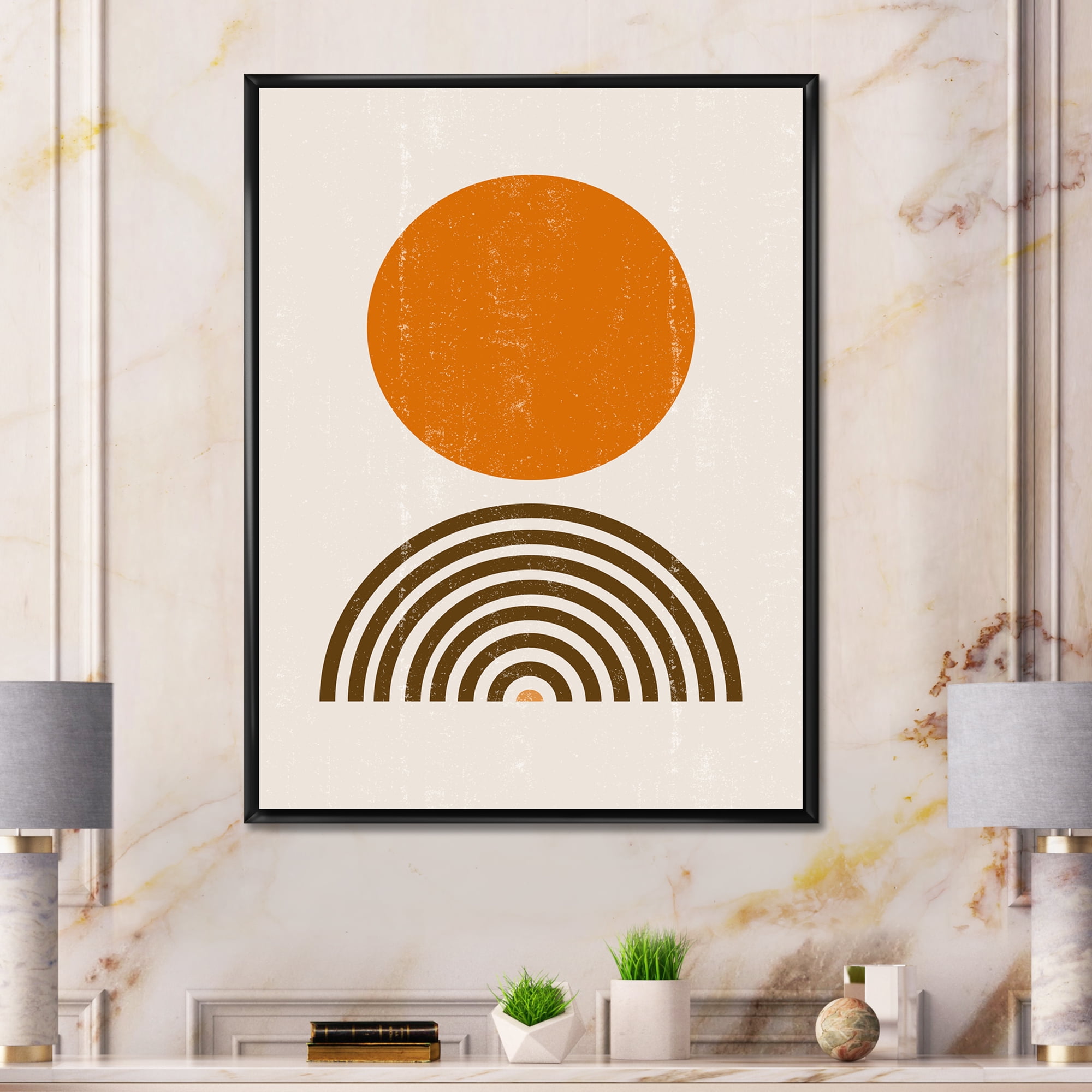 Designart 'Abstract Minimal Rainbow and Orange Sun I' Modern Framed Canvas Wall Art Print