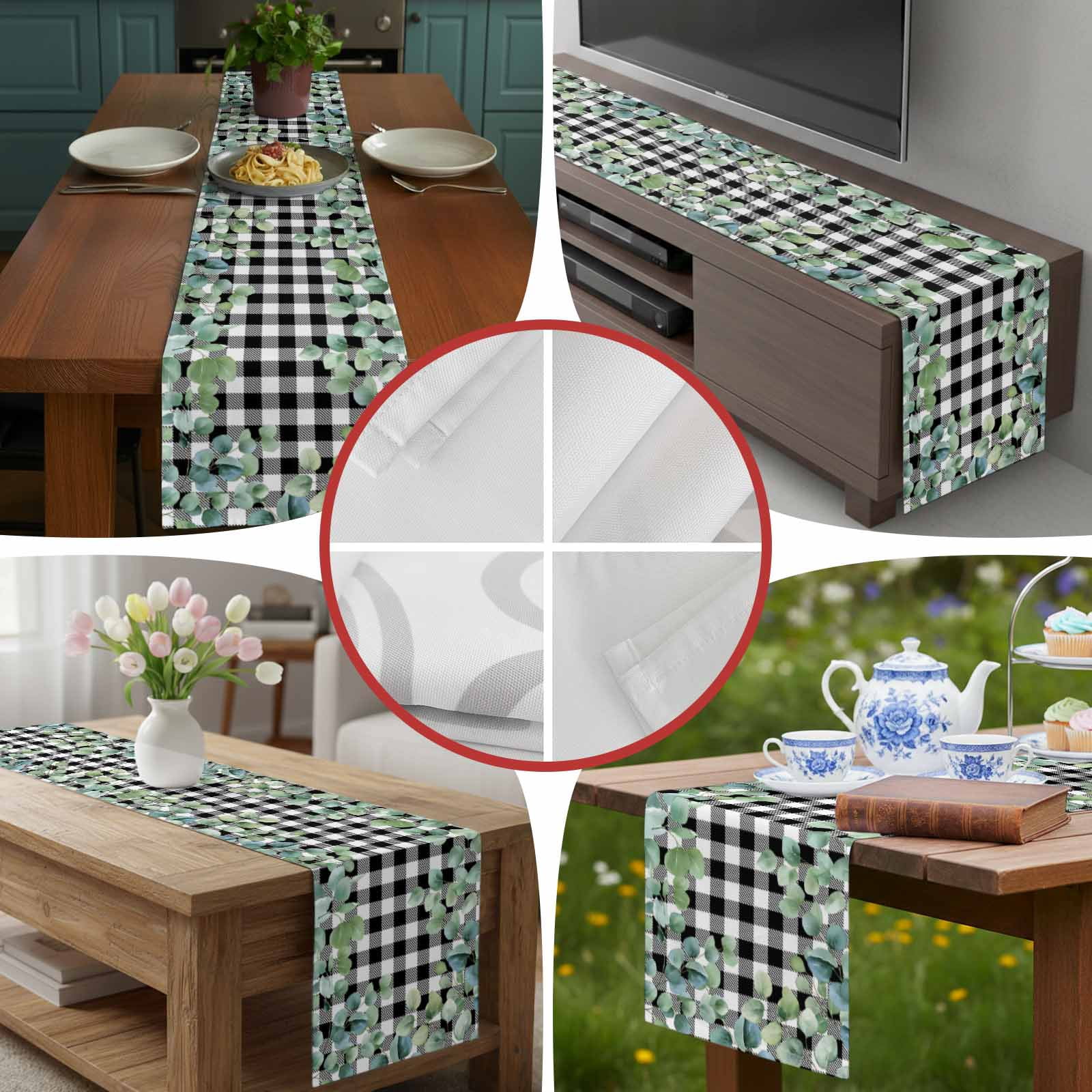 Farm Eucalyptus Leaves Table Runner 90 Inches Long, Geometric Black White Plaid Table Runners Tabletop Scarf Kitchen Dining Tables Decoration for Home Party Indoor Outdoor