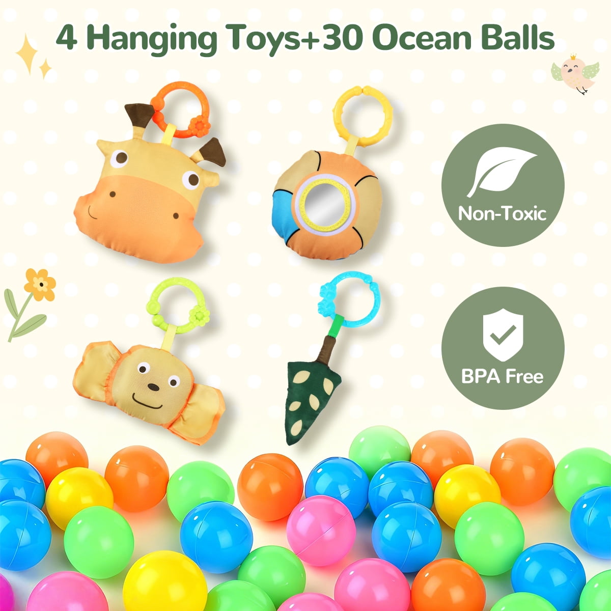 Baby Play Mat, Caveen 3 in 1 Baby Play Gym Activity Mat, with Hanging Toys and Ocean Balls, for Infants Toddlers, Orange Giraffe