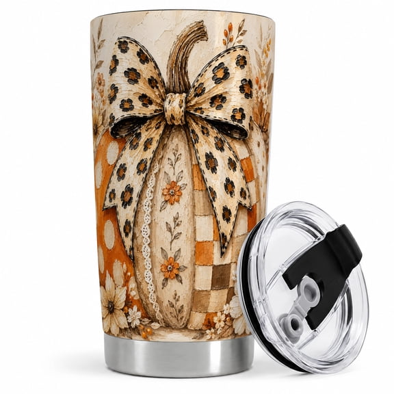 Leopard Bow Pumpkin Tumbler, 20oz Insulated Drinkware for Fall Decor Lovers Stainless steel insulated tumbler with lid, leopard bow pumpkin art for water, iced coffee, tea, or commute