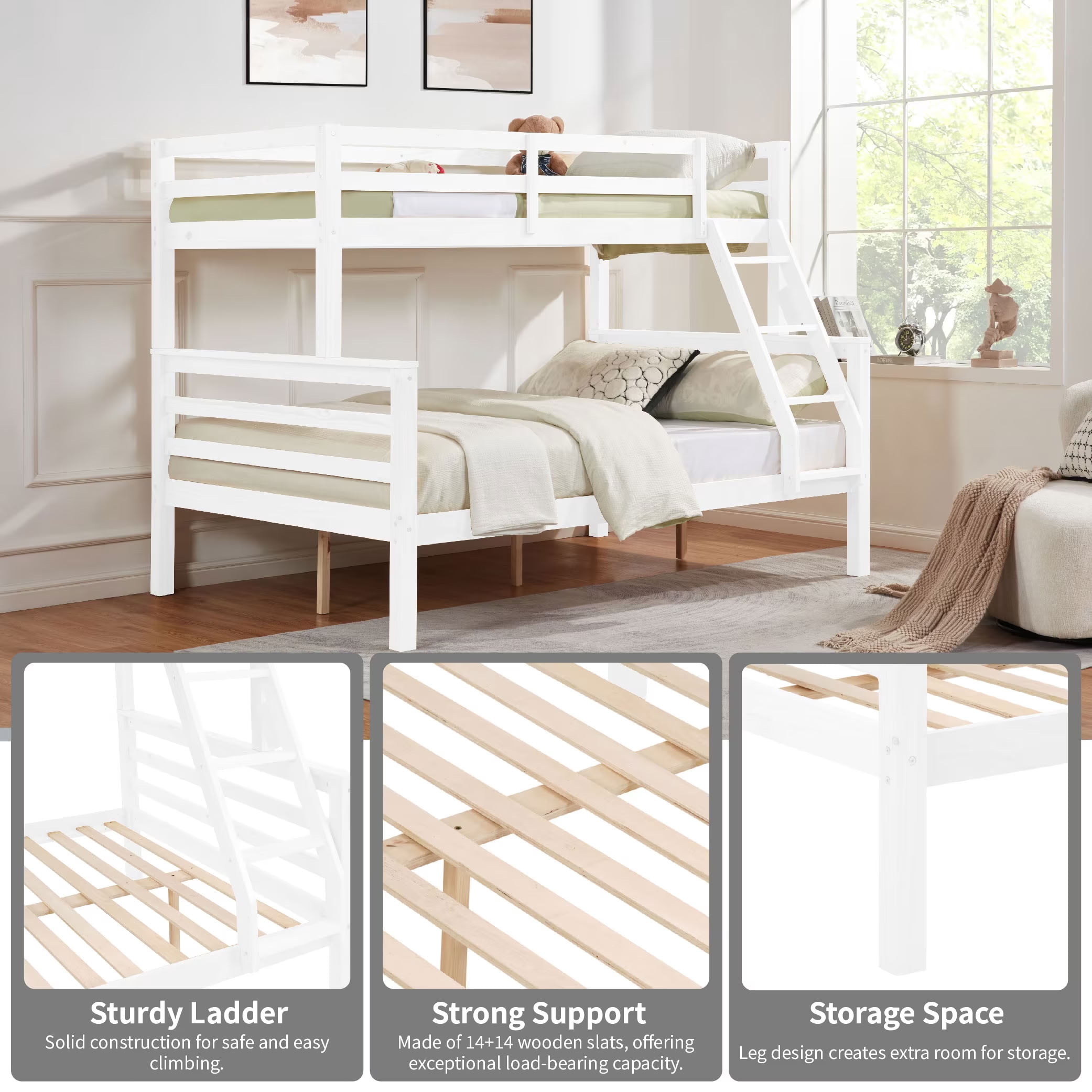 MAYEERTY Twin over Full Bunk Bed with Thick Posts, Solid Wood Bed Frame with High Guardrail and Ladder, for Kids Teens Dorm Rooms Guest Rooms, No Box Spring Needed
