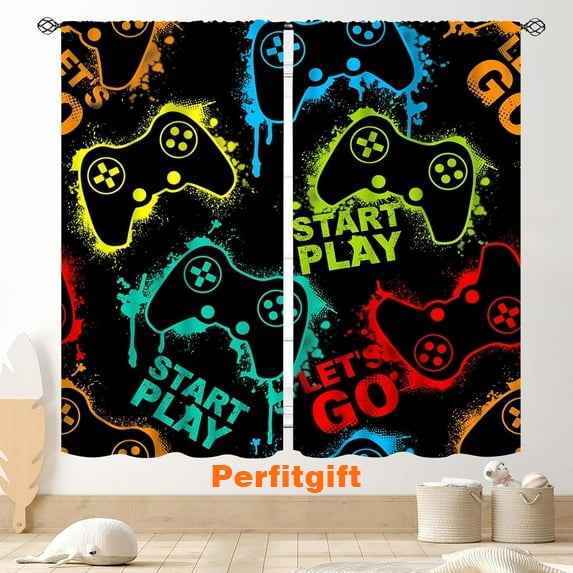 Gaming Curtains for Kids Boys Teens Bedroom, Colorful Game Controller Gamer Window Drapes for Living Room Nursery Playroom Decor Graffiti Gamepad Video Game Room Curtains Treatmens, 84"x63" Inch
