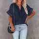 thumbnail image 2 of Top de manga corta con cuello en V para mujer, blusa elegante holgada informal de color liso para oficina, trabajo y citas, 2 of 5
