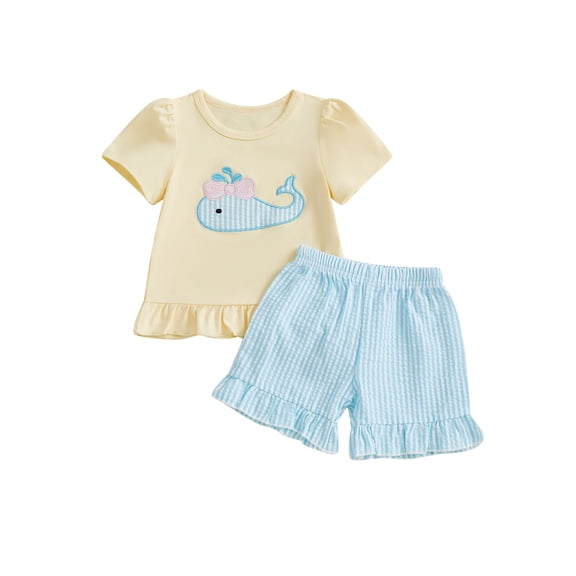 BemeyourBBs Toddler Baby Girl Summer Clothes 2 Pieces Outfits Whale Embroidered Short Sleeve Round Neck T-Shirt Plaid Print Ruffled Shorts Set