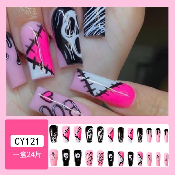 24 Piezas De Uñas Postizas Decoradas De Halloween Con Pegamento