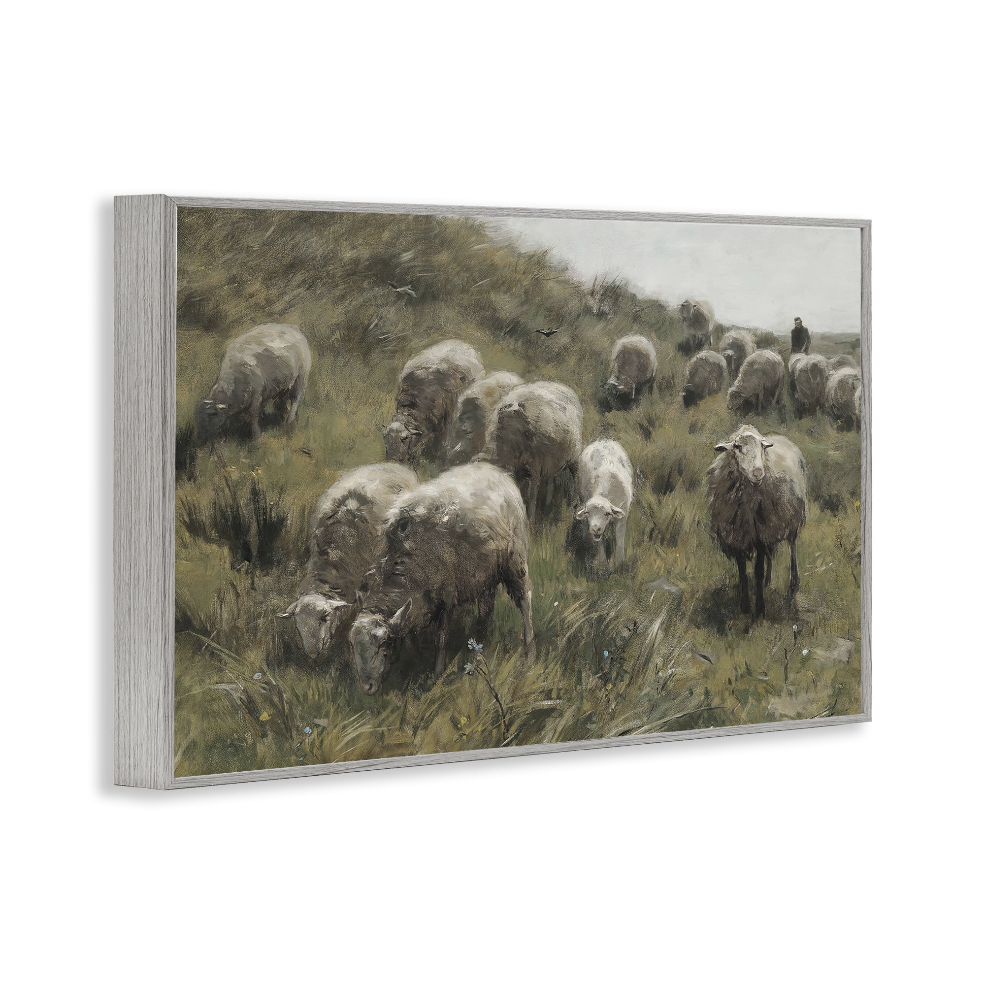 Stupell Industries Sheep At Pasture Landscape Painting Gray Framed Art Print Wall Art, 30 x 20
