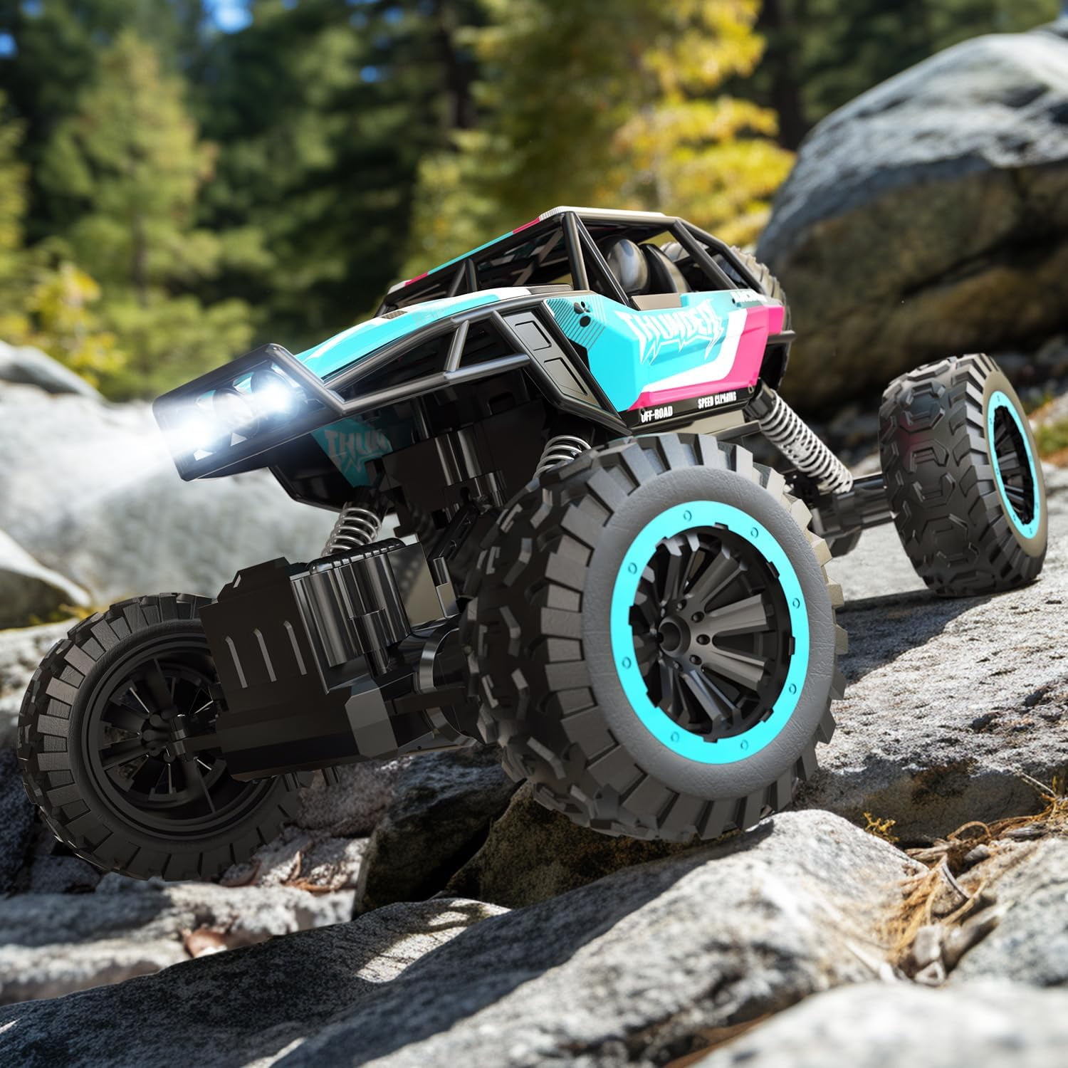 1:12 RC Cars 4WD off Road 2.4Ghz RC Monster Truck with Metal Shell and Light, Remote Control Car Crawler for Adult and Kid, 2 Batteries, Blue