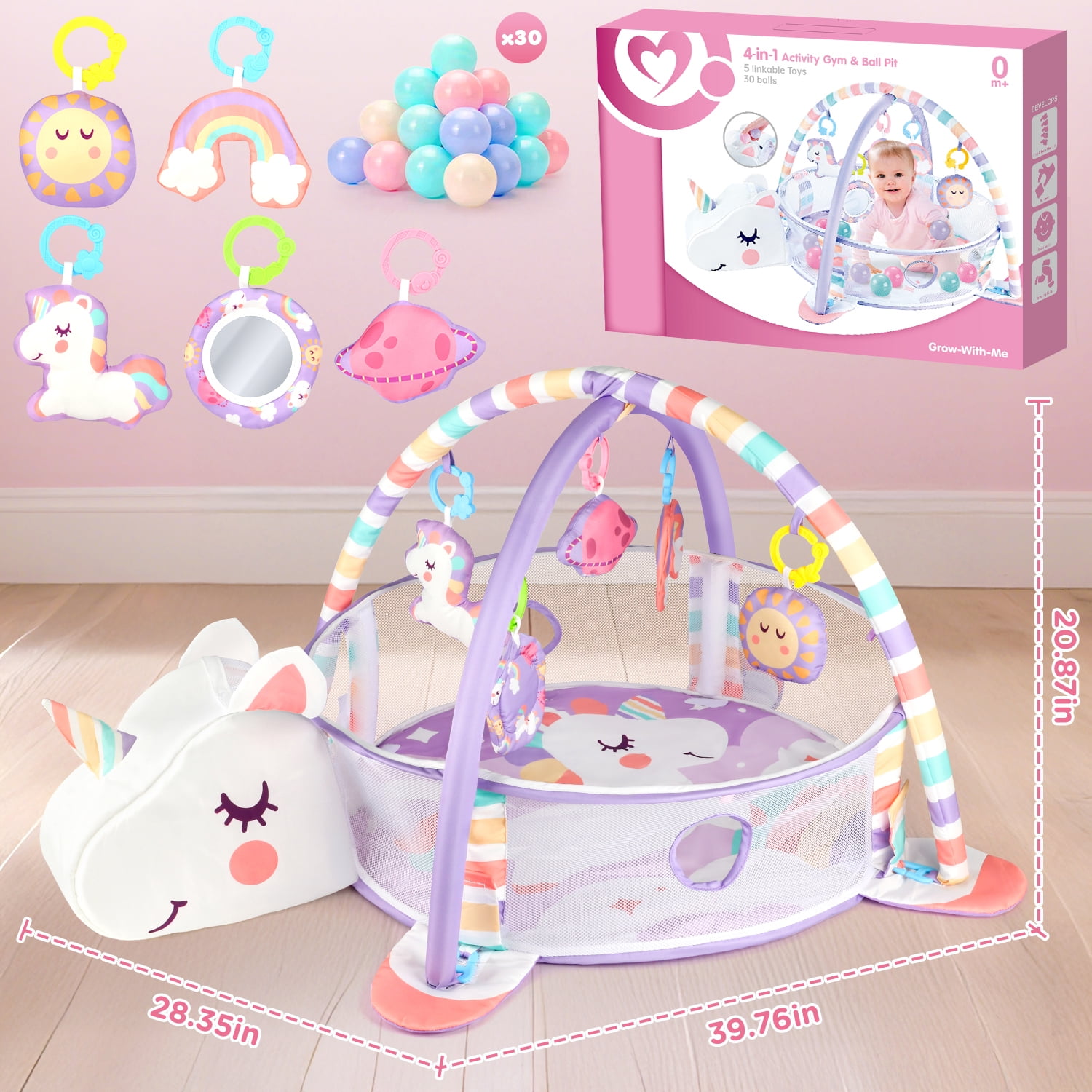 Beefunni Baby Play Mat, 4-in-1 Unicorn Tummy Time Mat & Ball Pit, Baby Activity Play Mat, Gym & Sensory Toys, 0-12 Months