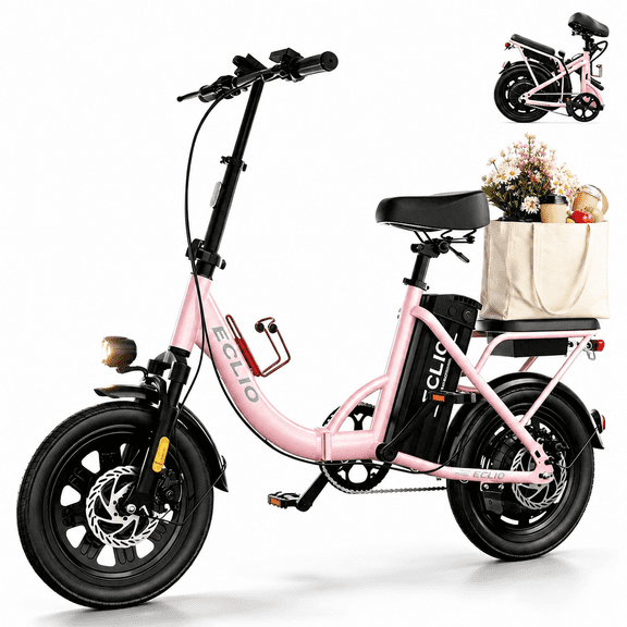 ECLIO 750W Folding Step Through Electric Bike, 48V 14Ah Removable Battery Ebike, 60 Miles Range, 16" Foldable Ebike for Adults, Commuter Electric Bicycle for City Riding, UL 2849- Pink