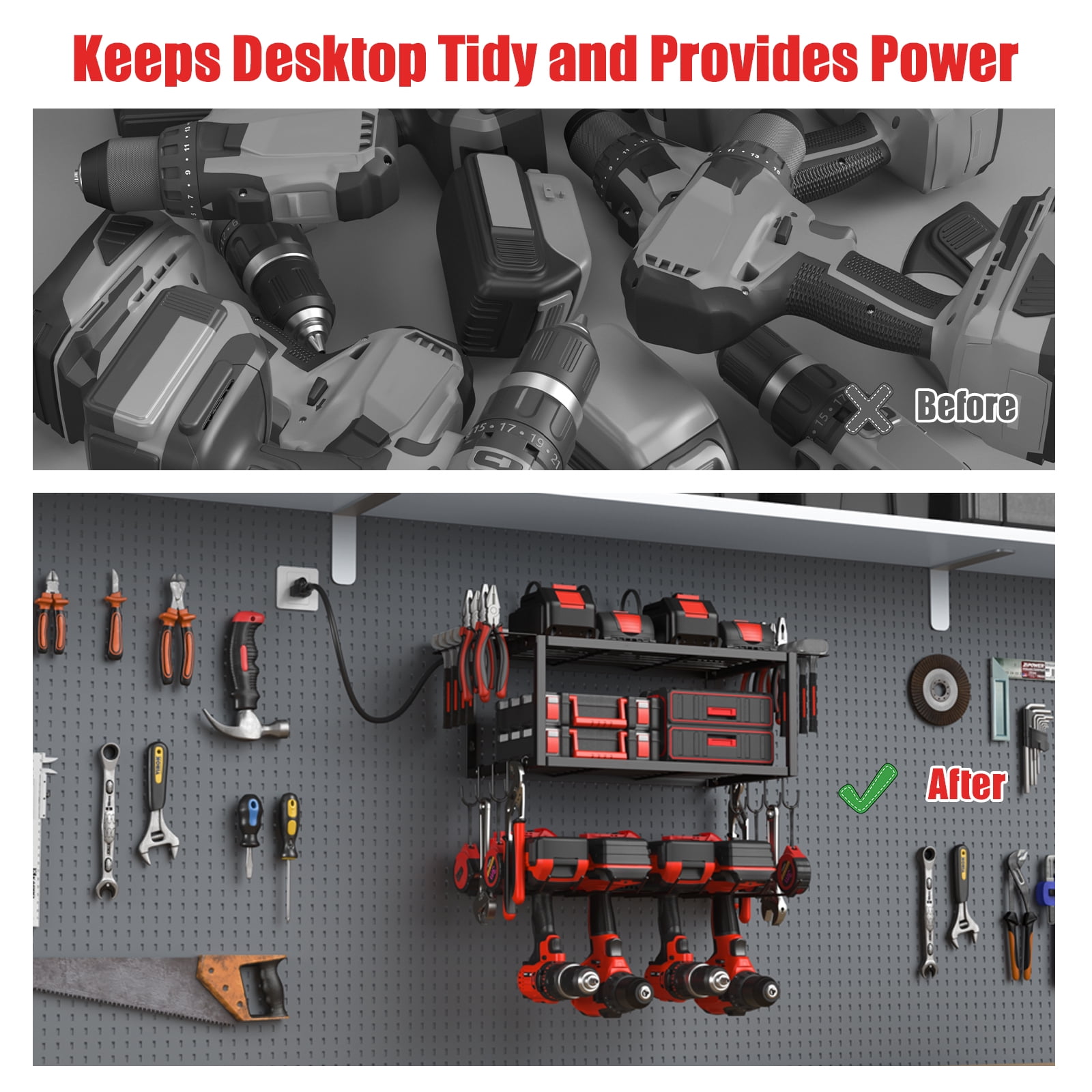 VILONG Power Tool Organizer Wall Mount with Charging Station, 100lb Capacity, 4 Drill Holders & Battery Rack for Garage & Workshop, Fathers Day Gifts for Men(Black)