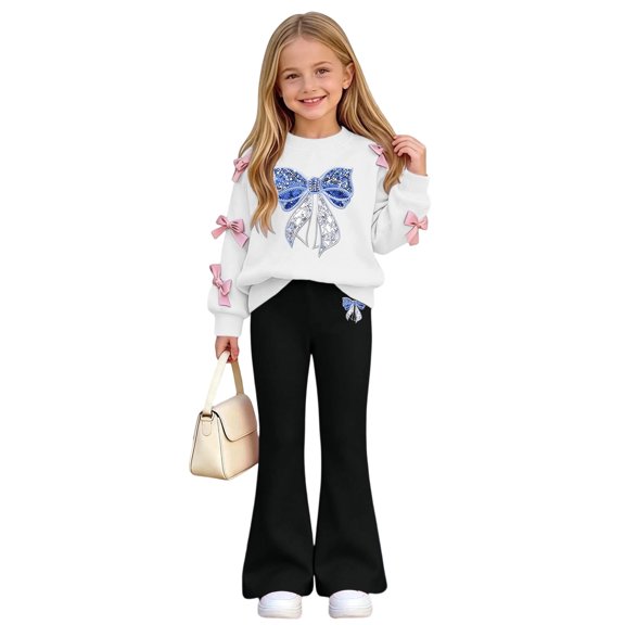 QTBIUQ Girls Two-Piece Fall Winter Set Bow-Decorated Long-Sleeve Sweatshirt with Rhinestone-Bow Print and Flared Pants Outfit Set