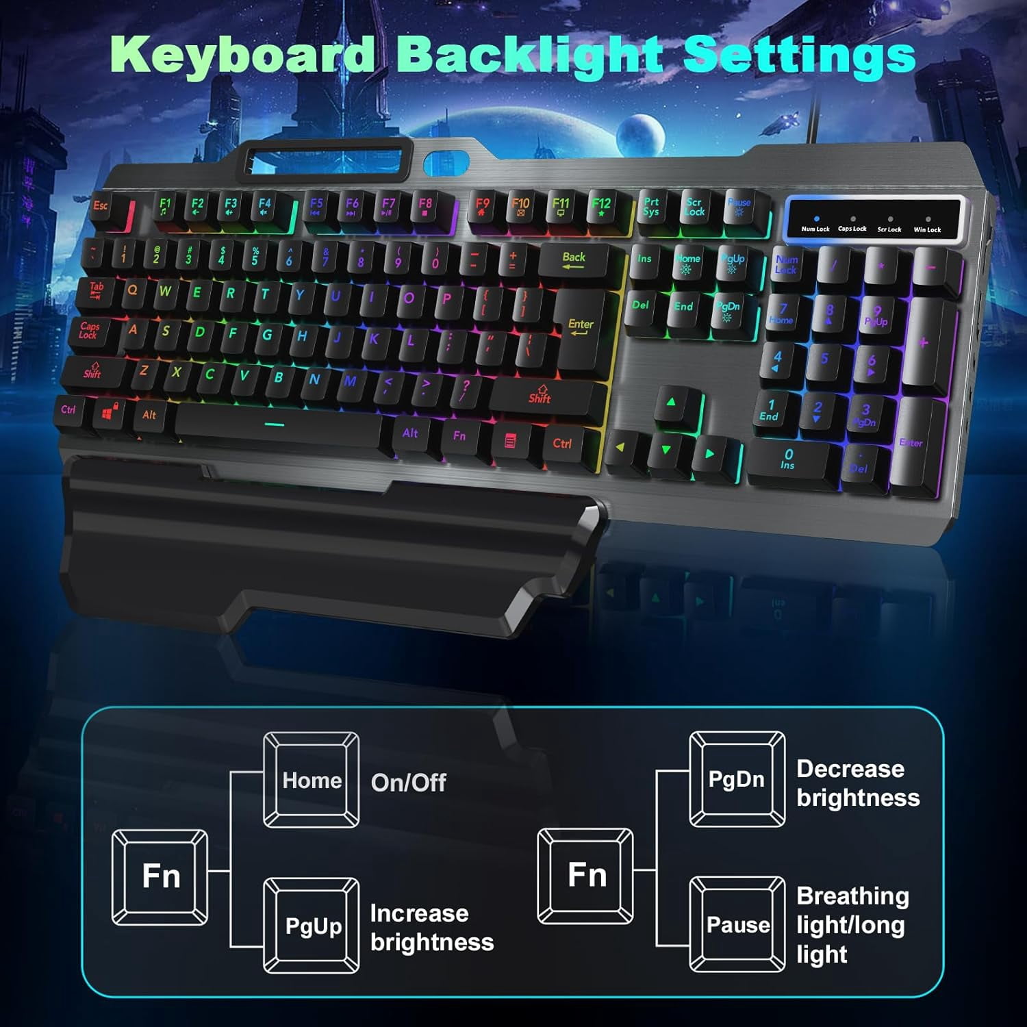 RaceGT Wired Gaming Keyboard, Colorful LED Backlit Anti-ghosting Computer Keyboard with Wrist Rest, Spill-Resistant Design, Multimedia Keys, Quiet Ergonomic Keyboard for Windows Laptop PC Mac
