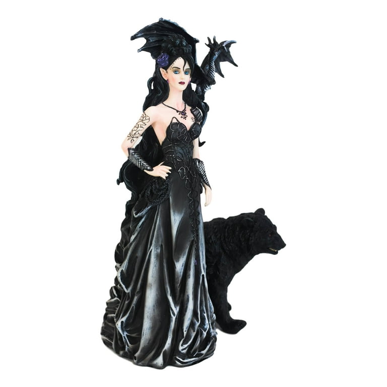 Gothic Bella Donna Purple Rose Witch Fairy with Black Dragon And Bear Statue