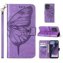 Motorola Moto G Stylus 5G (2023) Case, Magnetic Folio Butterfly Embossed Patterned Wallet Case, Premium PU Leather with Wrist Strap Credit Card Holder Slots Kickstand Shockproof Cover, Lightpurple