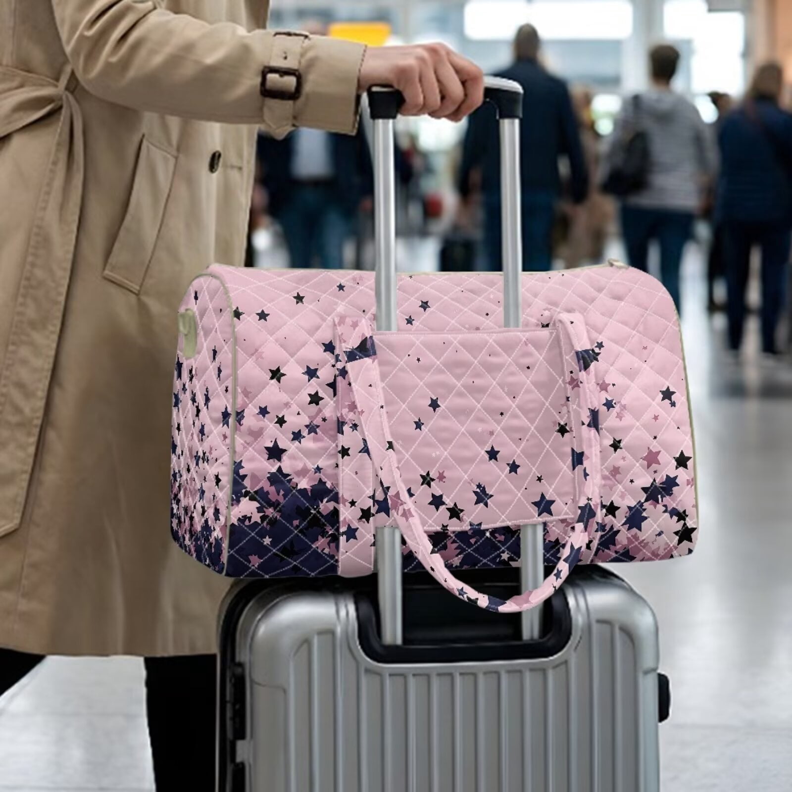Chririnla Black Star on Pink Print Large Luggage Bag for Airplanes with Large Capacity & Separate Compartment, Travel Duffel Bags