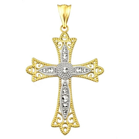US GOLD Handcrafted 10kt Gold Filigree Cross Charm Pendant