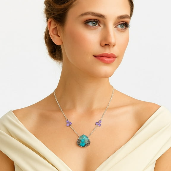 Desiregem Kingman Turquoise With Pyrite & Amethyst 925 Silver Necklace Adult Women Jewelry SDN1313