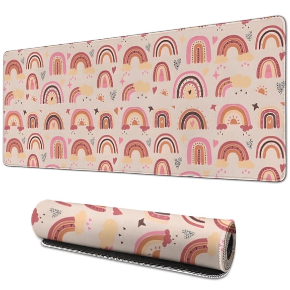 Long Mouse Pads for Desk,Pink Boho Bohemia Rainbows Hearts Stars Desk Mats on Top Of Desks, Desk Mouse Pad Extra Large with 3mm Non-Slip Base and Stitched Edge for Gaming,Work,Home 31.5"x11.8"