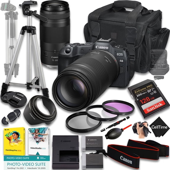Canon EOS R8 Mirrorless Camera with RF 75-300mm f/4-5.6 Lens   128GB Memory   Extra Battery   Camera Case   Tripod   More (20pc Bundle) (International Version)
