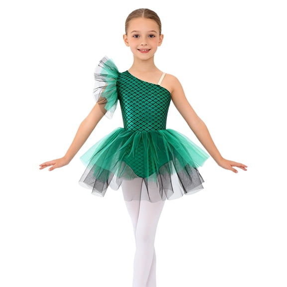 Raenseen Girls Mermaid Fish Scales Print Tutu Ballet Dance Performance Dress Green 8