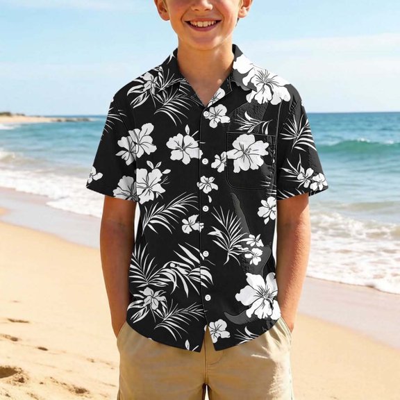 LEKWK Boys Button Down Hawaiian Shirts Kids Short Sleeve Tropical Print T-Shirt Lightweight Breathable Summer Tops Beach Vacation Holiday Resort Wear