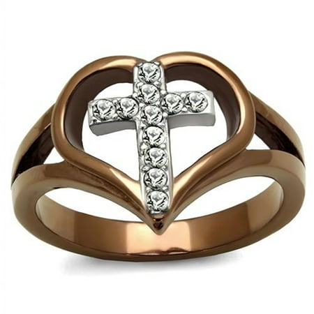 Crystal Heart Keepsake - Light Coffee Stainless Steel Crystal Cross & Heart Fashion Ring Womens Size 6