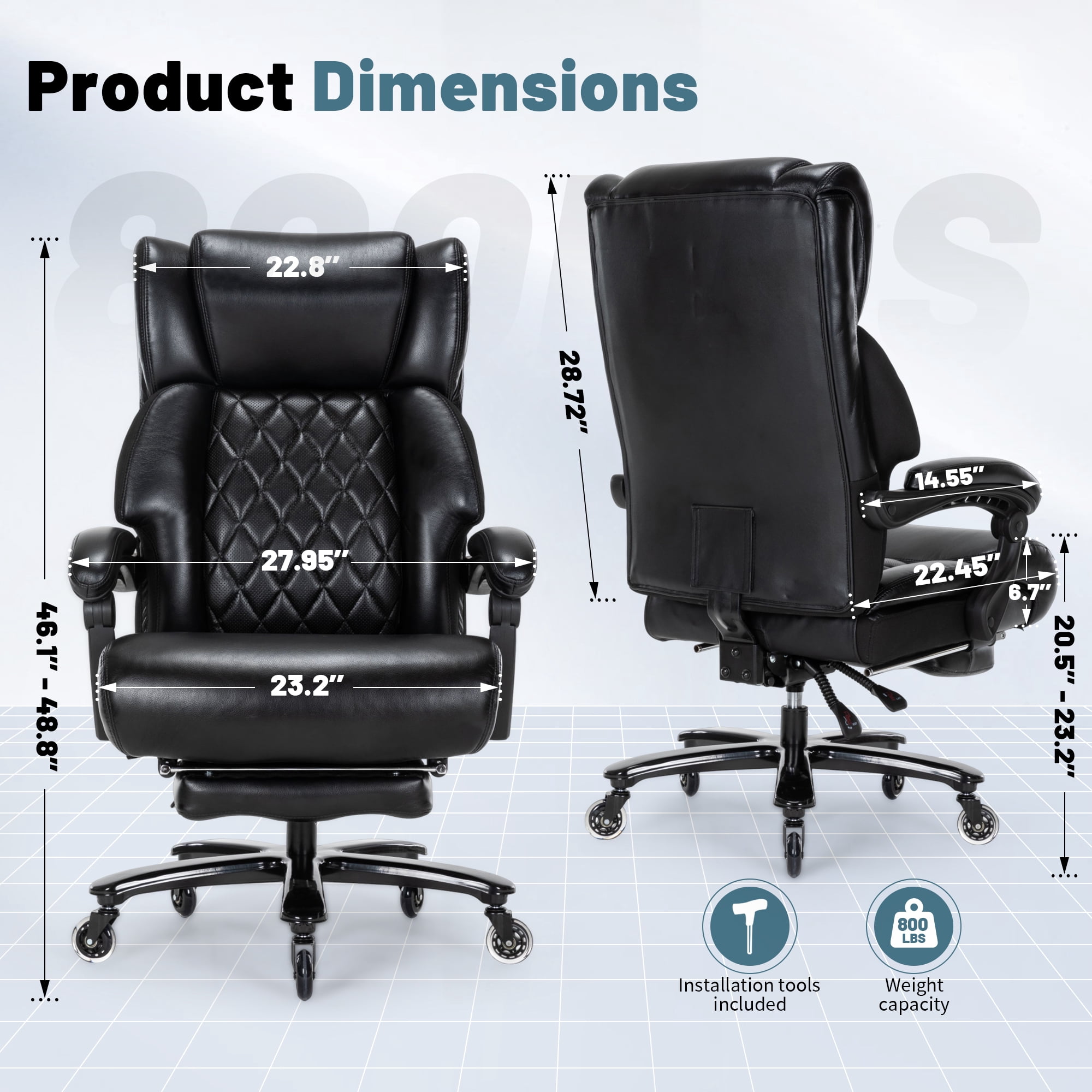 Big and Tall Office Chair 800 lb Capacity, Extra Wide Seat, Reclining Ergonomic Chair with Footrest for All Day Comfort