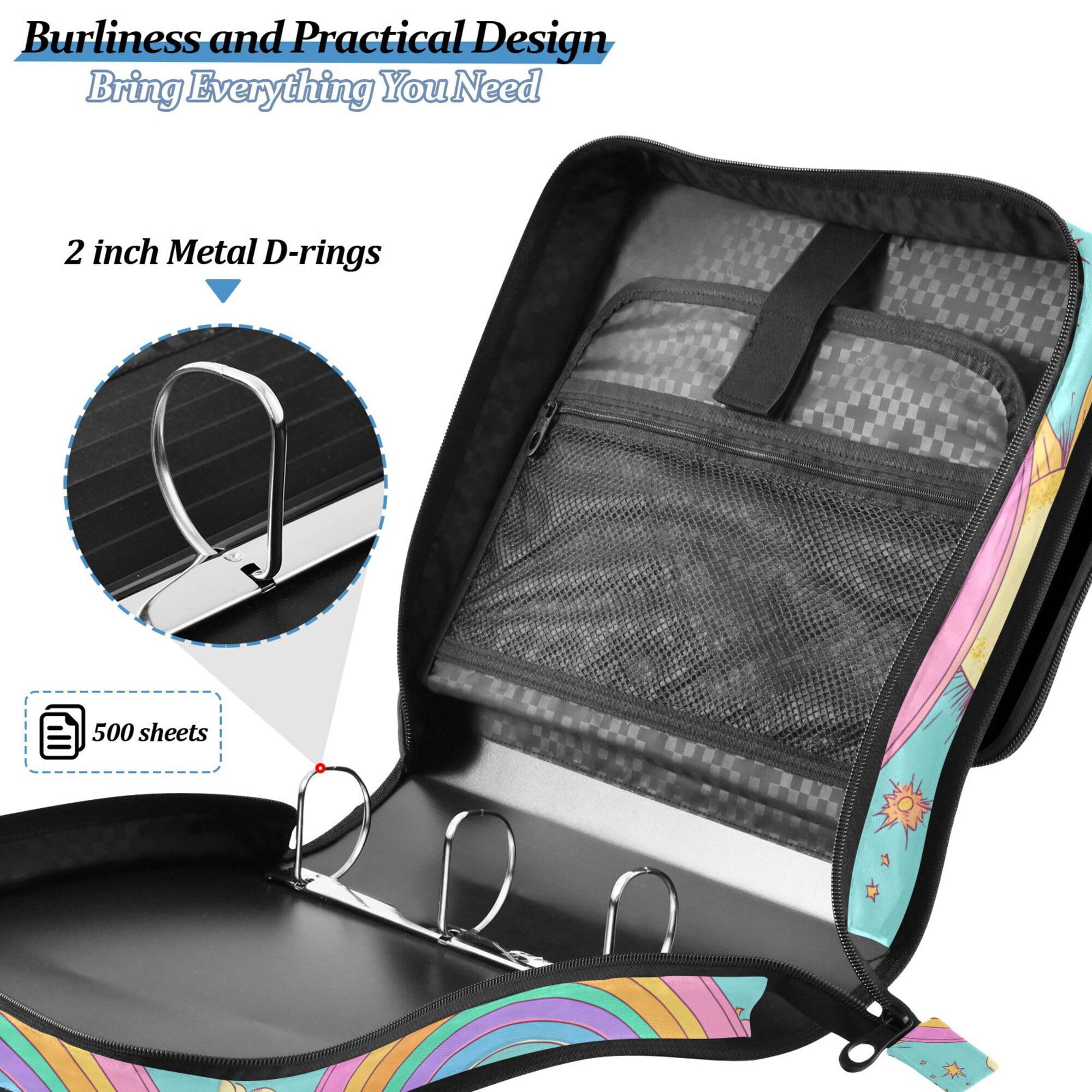 FORMRS Zipper Binder with Shoulder Strap 2-inch Ring 500 Sheet Capacity File Bag, Retro Blue Rainbow